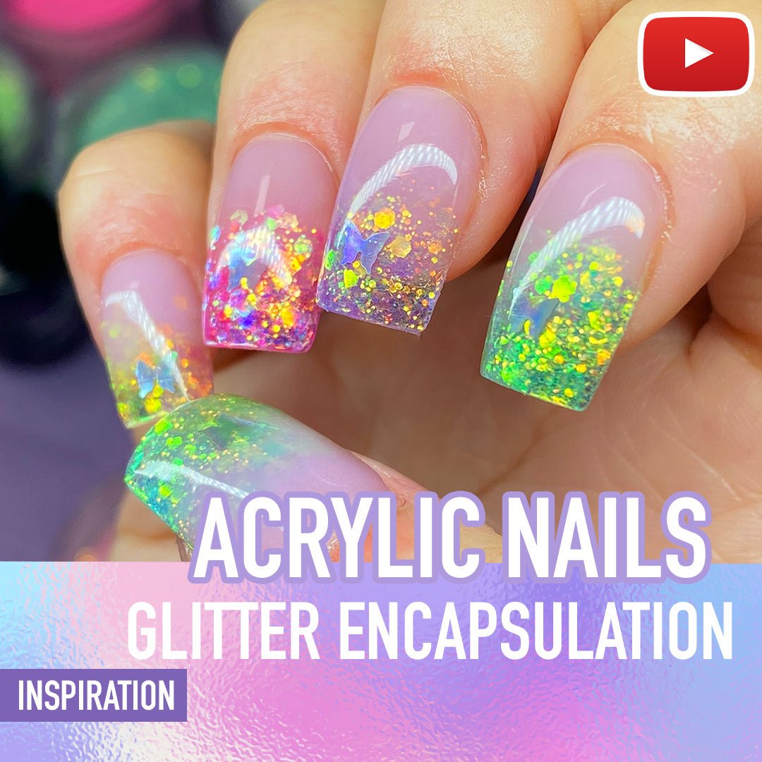 short square glittery nails with rainbow colours on the nail tips
