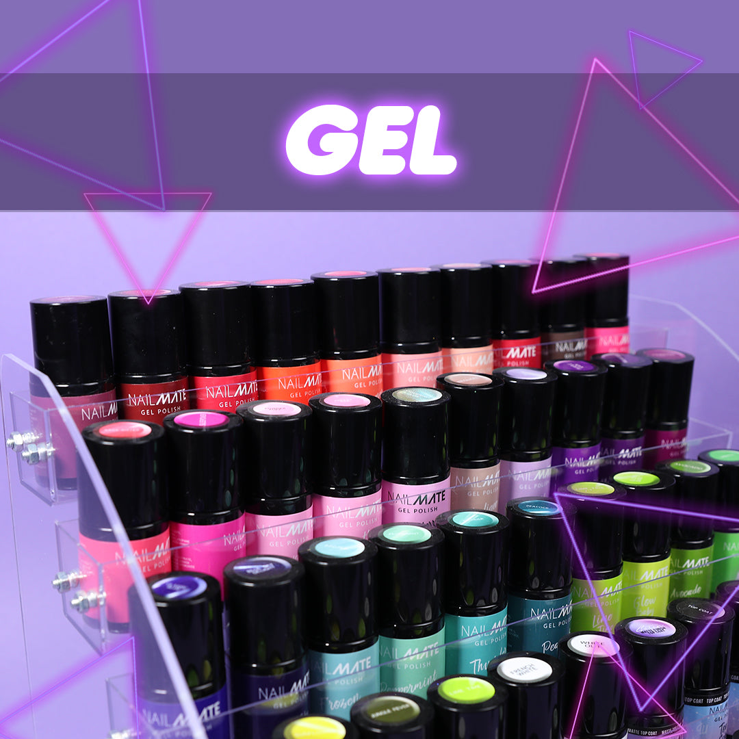 gel polish bottles on a display stand with a lilac background the title text says gel