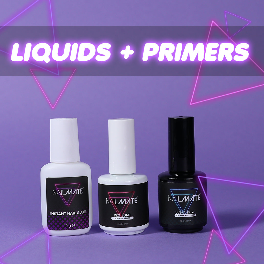 nail glue and primer bottles lined up on a lilac background. the test says liquids and primers