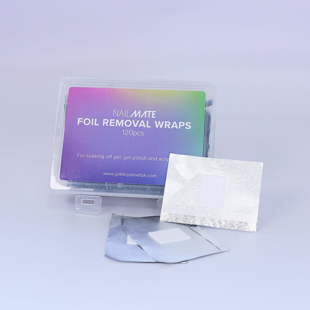 A storage box containing 120 pieces of foil nail art soak off remover wraps, showcasing a compact and organised design for convenient use in nail care diy nails and nail salons