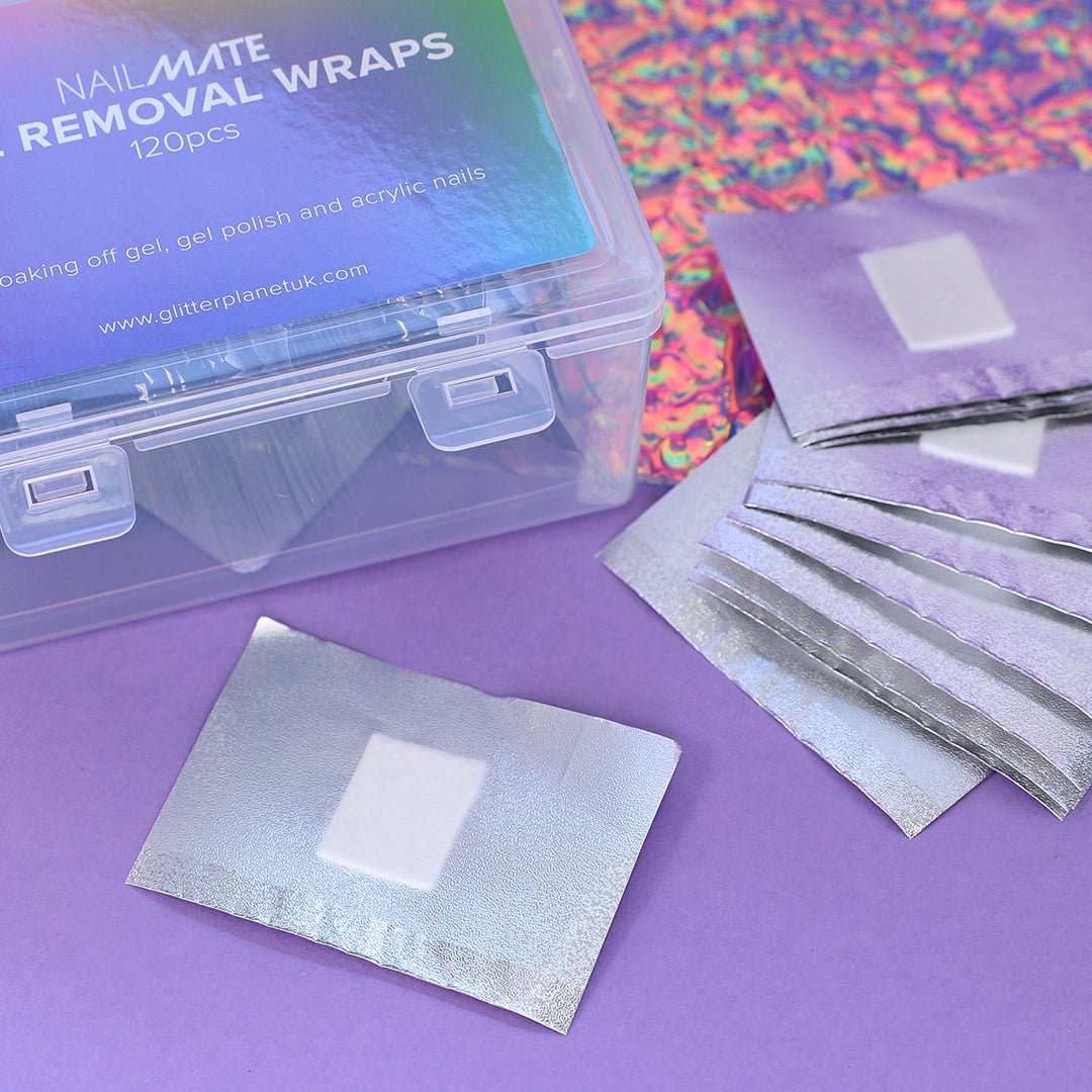 A storage box containing 120 pieces of foil nail art soak off remover wraps, showcasing a compact and organised design for convenient use in nail care diy nails and nail salons