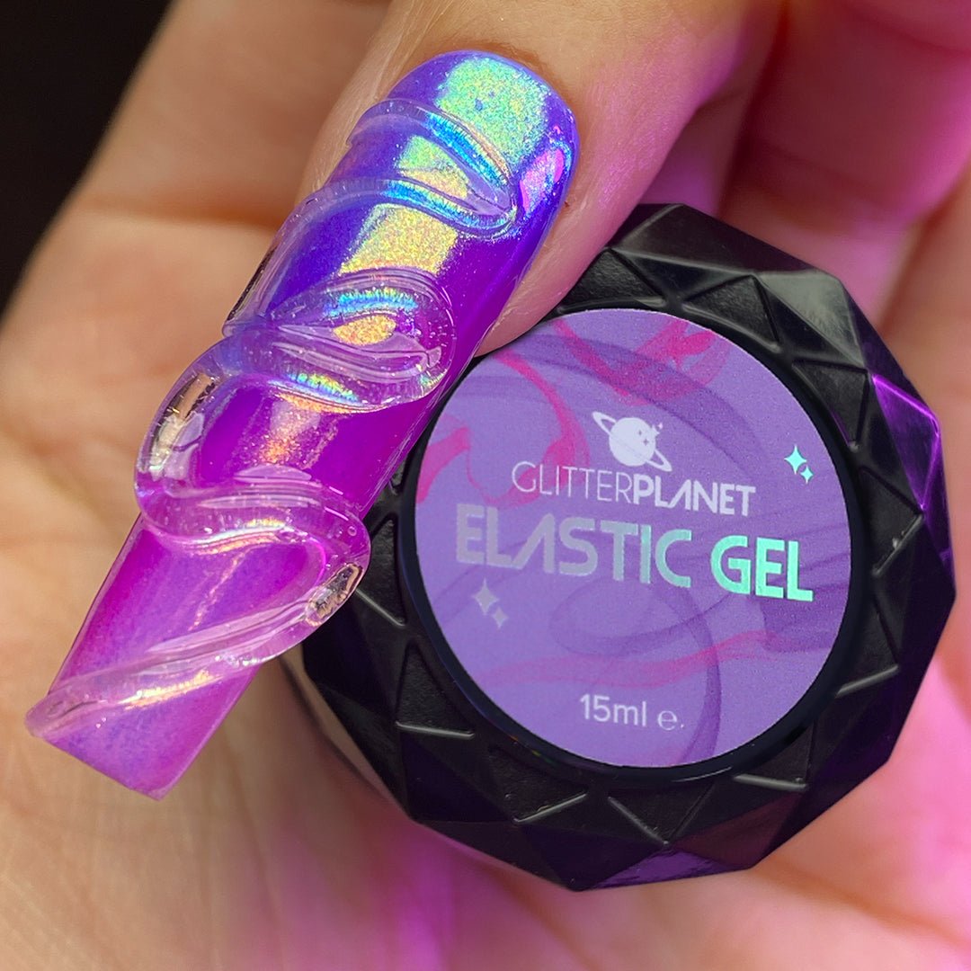 glitter planet 3d elastic gel for nails in a pot with an imposed nail on the image showing the product on a nail design