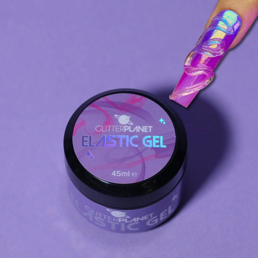 glitter planet 3d elastic gel for nails in a pot with an imposed nail on the image showing the product on a nail design