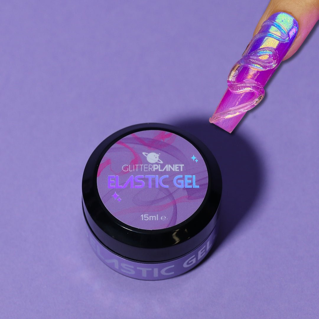 glitter planet 3d elastic gel for nails in a pot with an imposed nail on the image showing the product on a nail design