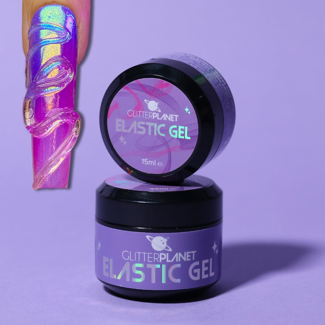 glitter planet 3d elastic gel for nails in a pot with an imposed nail on the image showing the product on a nail design