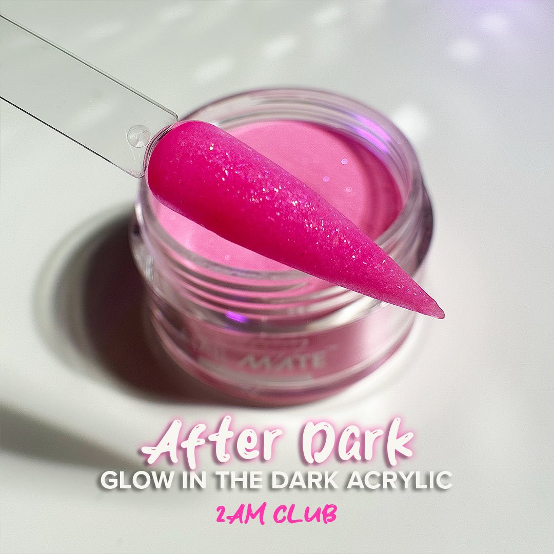 Pink acrylic powder with a Nail above a container labeled &