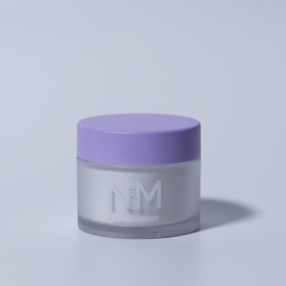 A jar of white acrylic nail powder with nail mate logo in white with a matte finish lilac lid. the jar in on a white backdrop
