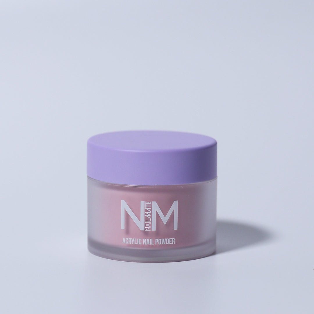 A jar of candy floss pink acrylic nail powder with nail mate logo in white with a matte finish lilac lid. the jar in on a white backdrop
