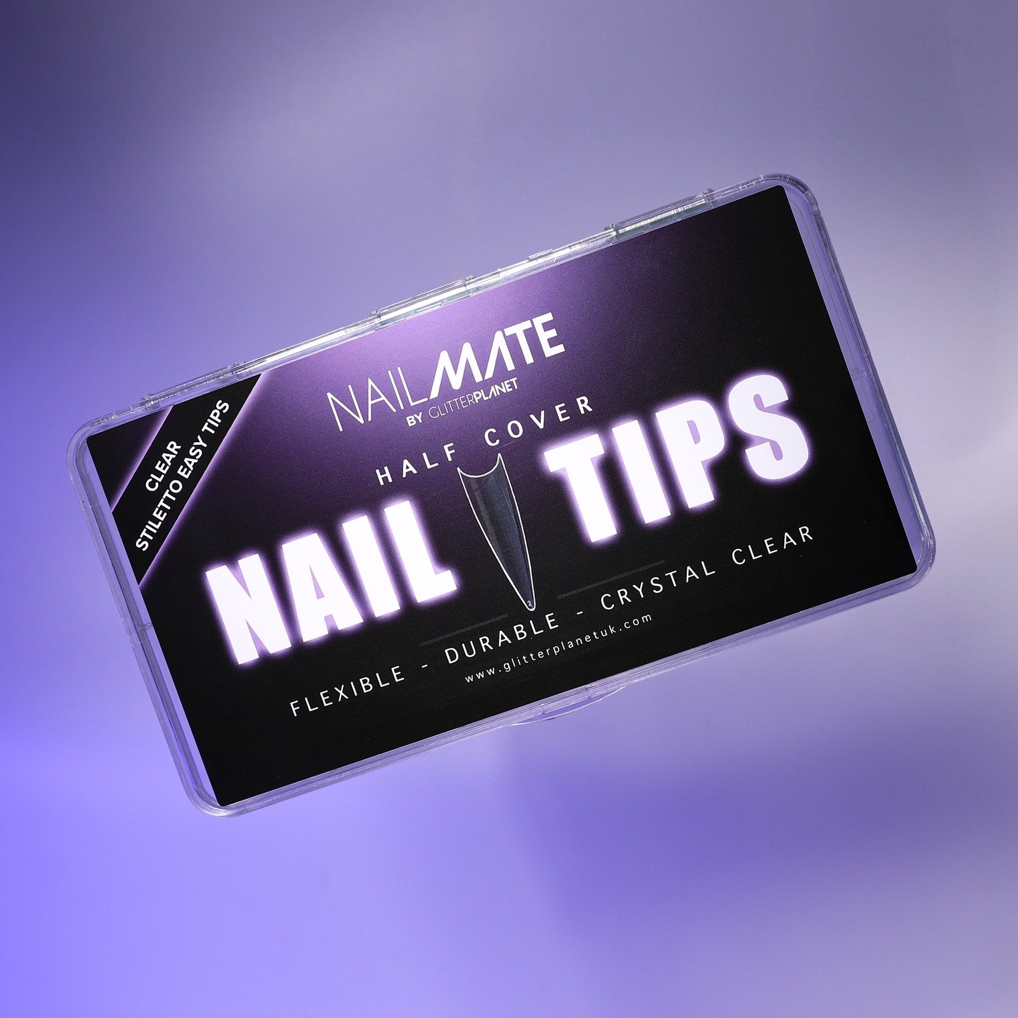 Nail mate nail tips packaging on a purple gradient background