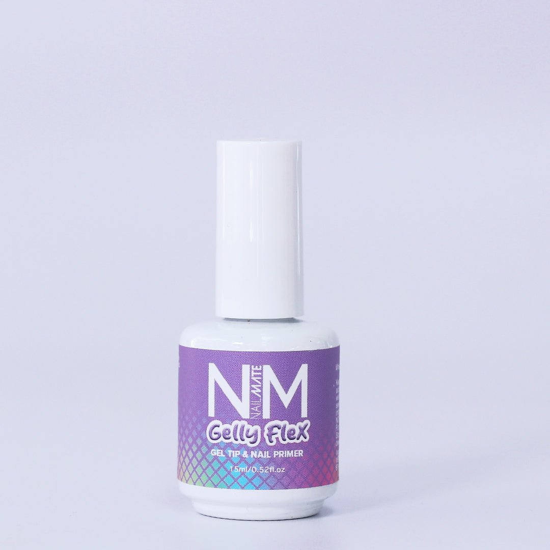Gelly Flex Tip Bond & Prime for Full Cover Nail Tips makes gel x tip application easy as removes need to file. Chemically etch your tips with this primer. A sleek white bottle of primer with lilac label displayed on a white neutral background.