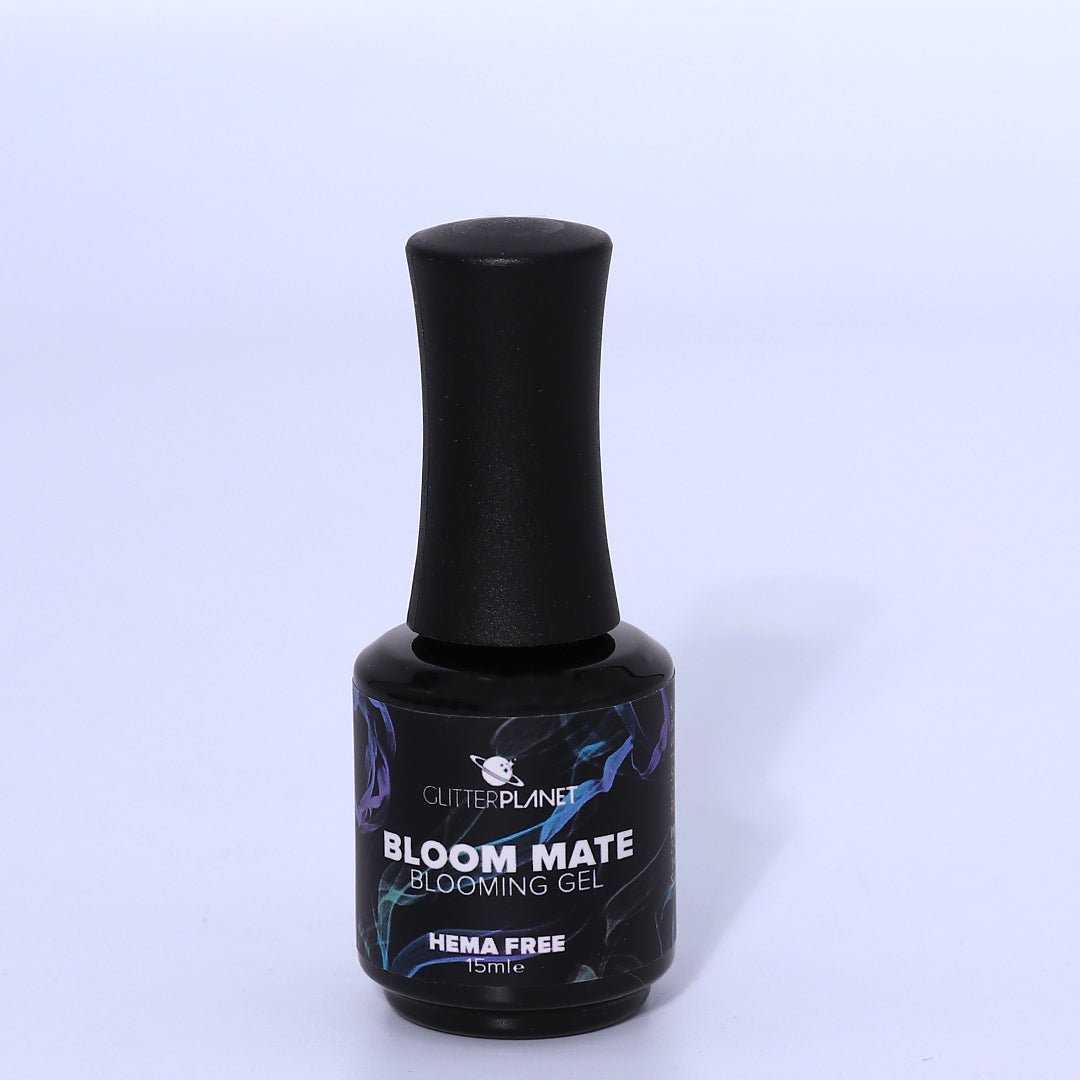 Bottle of Bloom Mate Blooming Gel with black cap on a white background