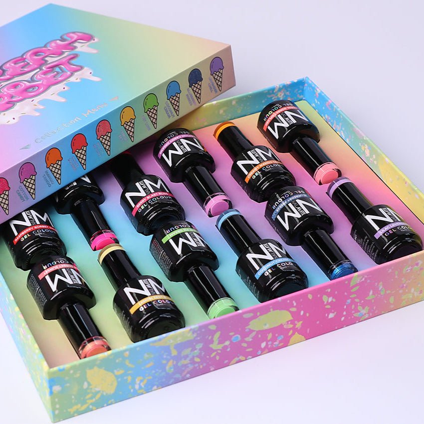 Set of nail polish bottles in a colorful box with &