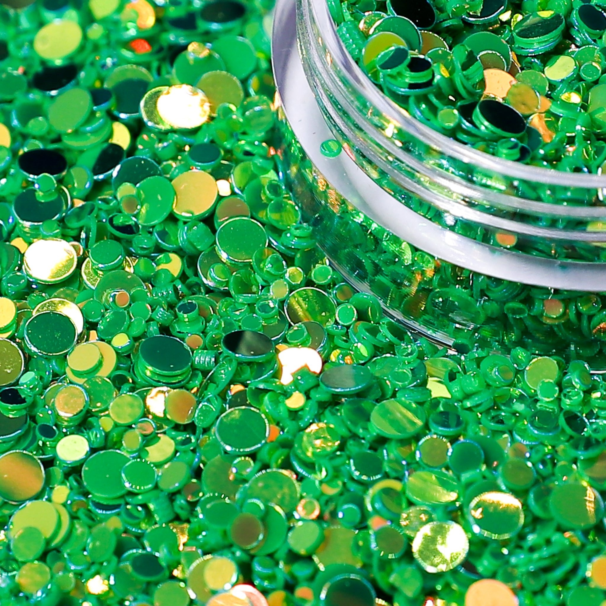 Iridescent Green dot glitter close up in a jar | Glitter Planet