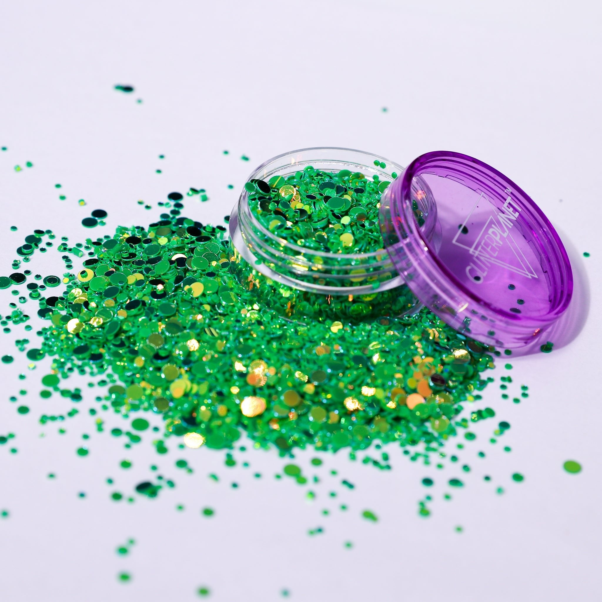 Iridescent Green dot glitter close up in a jar | Glitter Planet