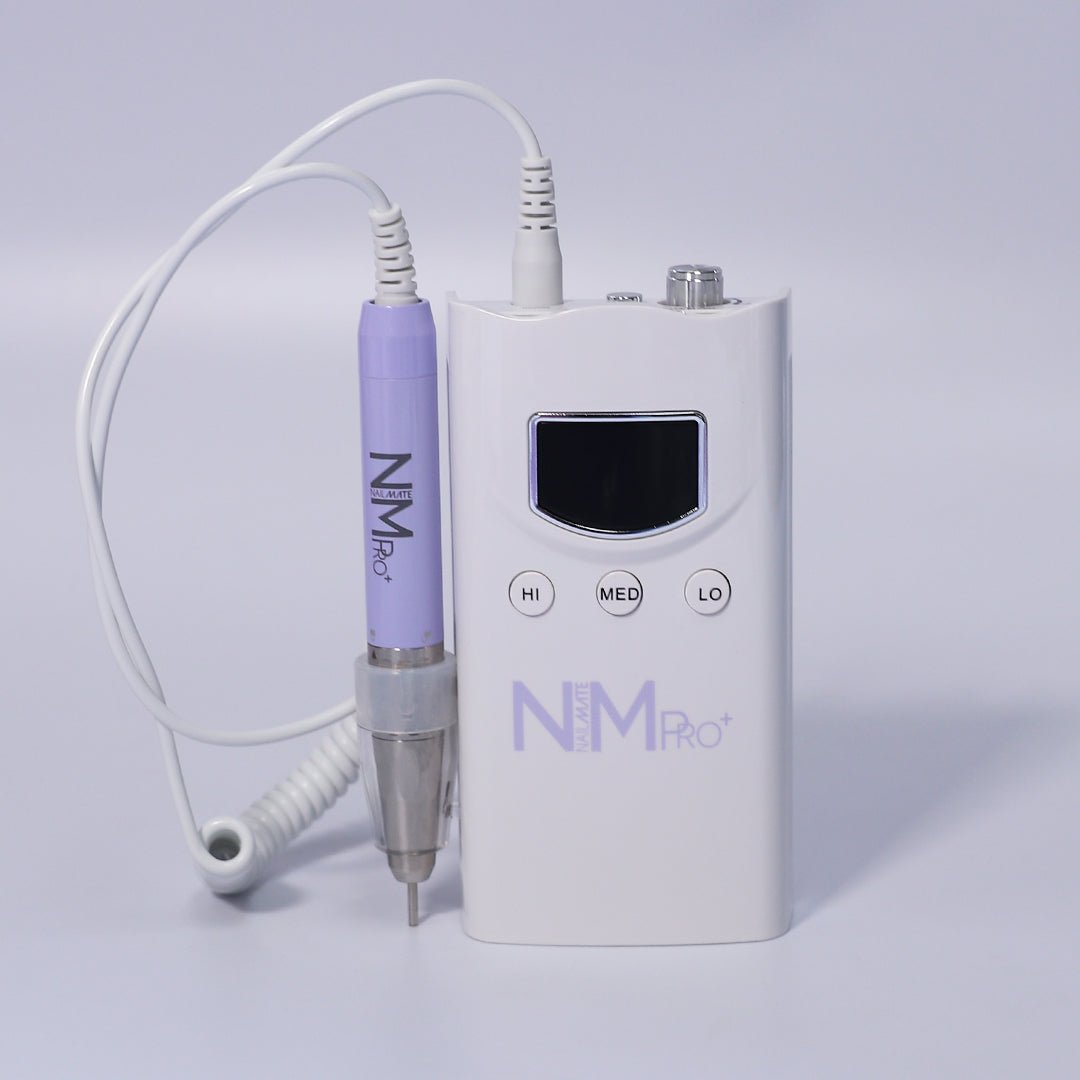 A white rechargeable nail drill machine with a lilac hand piece, designed for professional nail care. The machine features a compact design, with a digital display and control buttons on the front, showcasing its sleek appearance on a soft white background. it has speeds of 35,000 rpm and a torque of 4.8