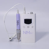 A white rechargeable nail drill machine with a lilac hand piece, designed for professional nail care. The machine features a compact design, with a digital display and control buttons on the front, showcasing its sleek appearance on a soft white background. it has speeds of 35,000 rpm and a torque of 4.8