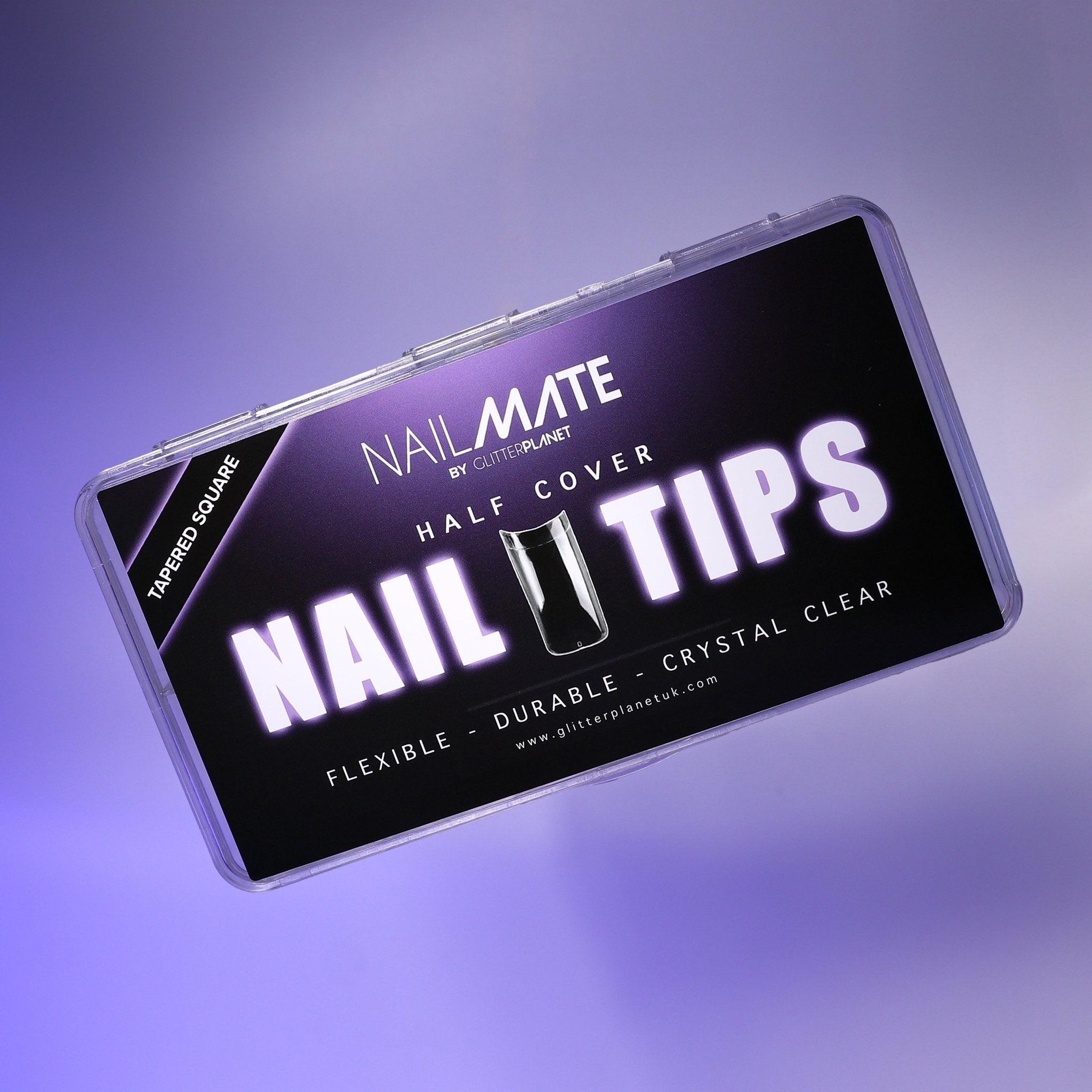 Nail Mate Tapered Square Nail tips in a box on a purple gradient background