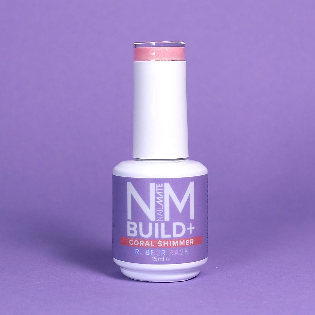 NM BUILD+ Builder Gel displayed in the bottle - coral shimmer