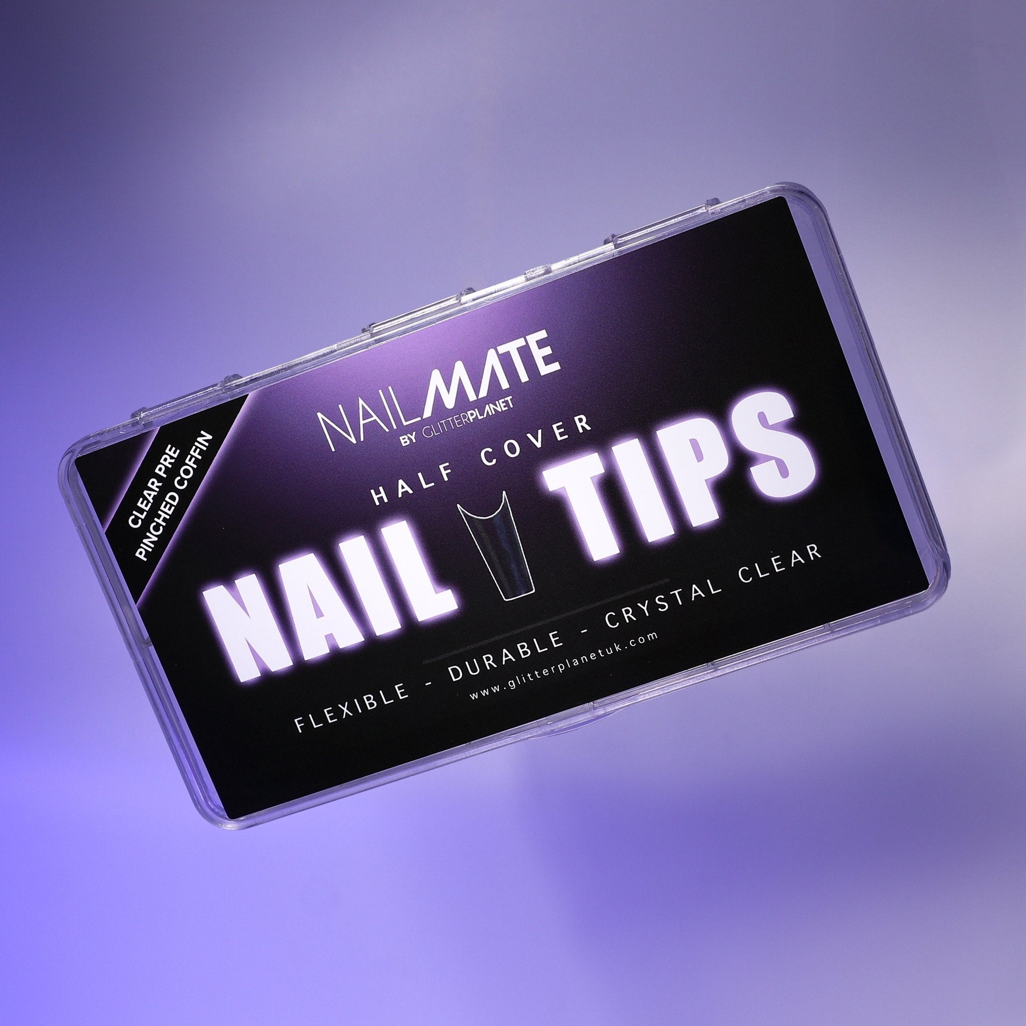 Nail Mate Coffing nail tips in a box over a pruple gradient background