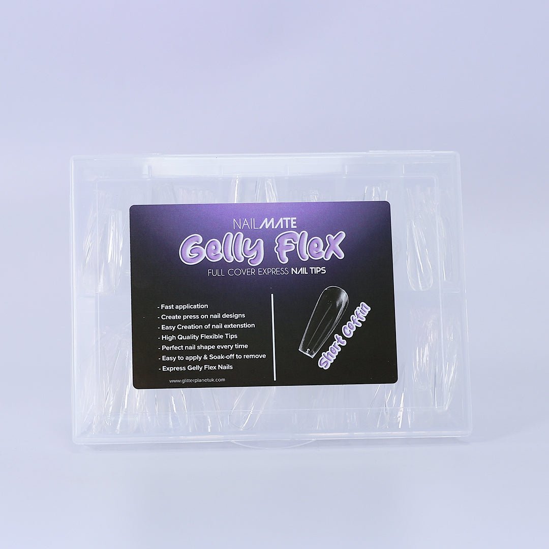A collection of full cover gel X nail tips in the shape short coffin and includes various sizes, showcasing crystal clear colour ready to apply your design. The nail tips are displayed in the handy storage case, and are ideal for professional manicures or at-home nail designs.