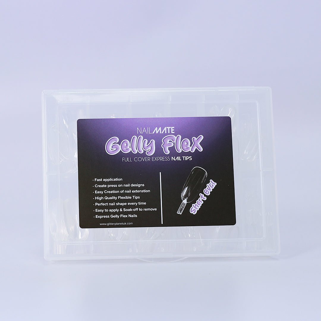 A collection of full cover gel X nail tips in the shape short oval and includes various sizes, showcasing crystal clear colour ready to apply your design. The nail tips are displayed in the handy storage case, and are ideal for professional manicures or at-home nail designs.