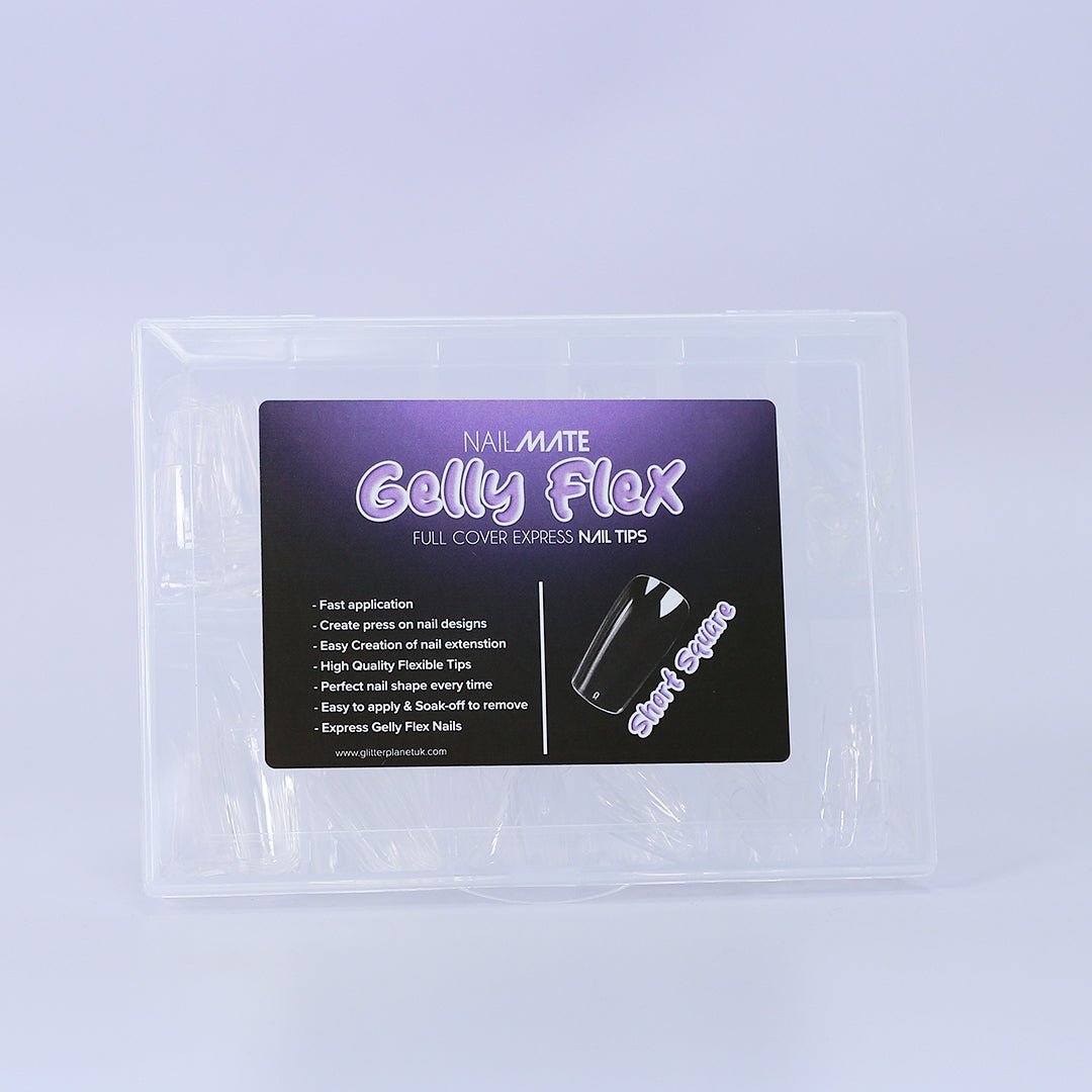 A collection of full cover gel X nail tips in the shape short square and includes various sizes, showcasing crystal clear colour ready to apply your design. The nail tips are displayed in the handy storage case, and are ideal for professional manicures or at-home nail designs.