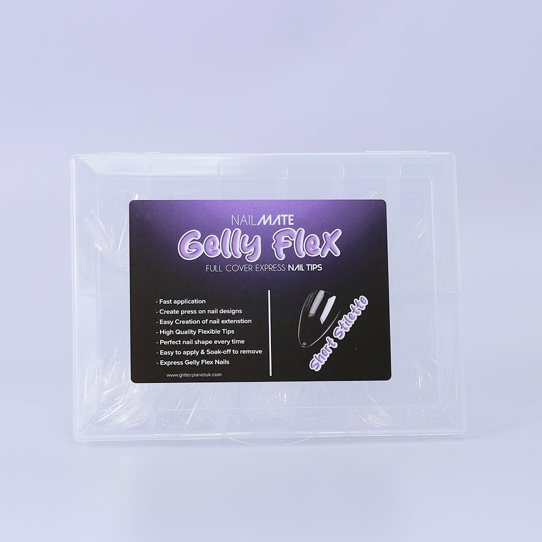A collection of full cover gel X nail tips in the shape xl coffin ballerina and includes various sizes, showcasing crystal clear colour ready to apply your design. The nail tips are displayed in the handy storage case, and are ideal for professional manicures or at-home nail designs.