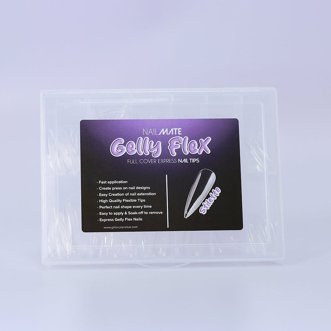 A collection of full cover gel X nail tips in the shape stiletto and includes various sizes, showcasing crystal clear colour ready to apply your design. The nail tips are displayed in the handy storage case, and are ideal for professional manicures or at-home nail designs.
