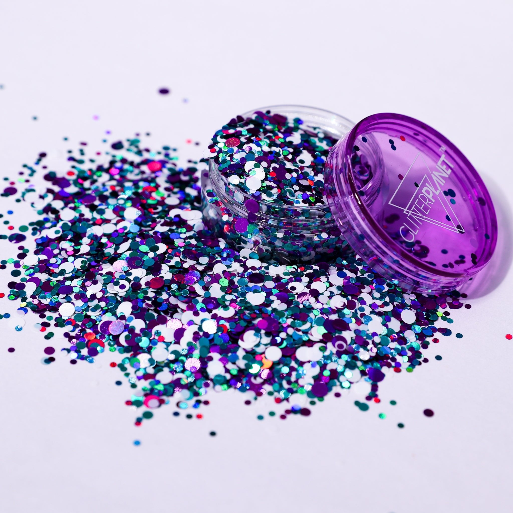 Wonderland | Purple, White & Teal Nail Glitter in pot on white background
