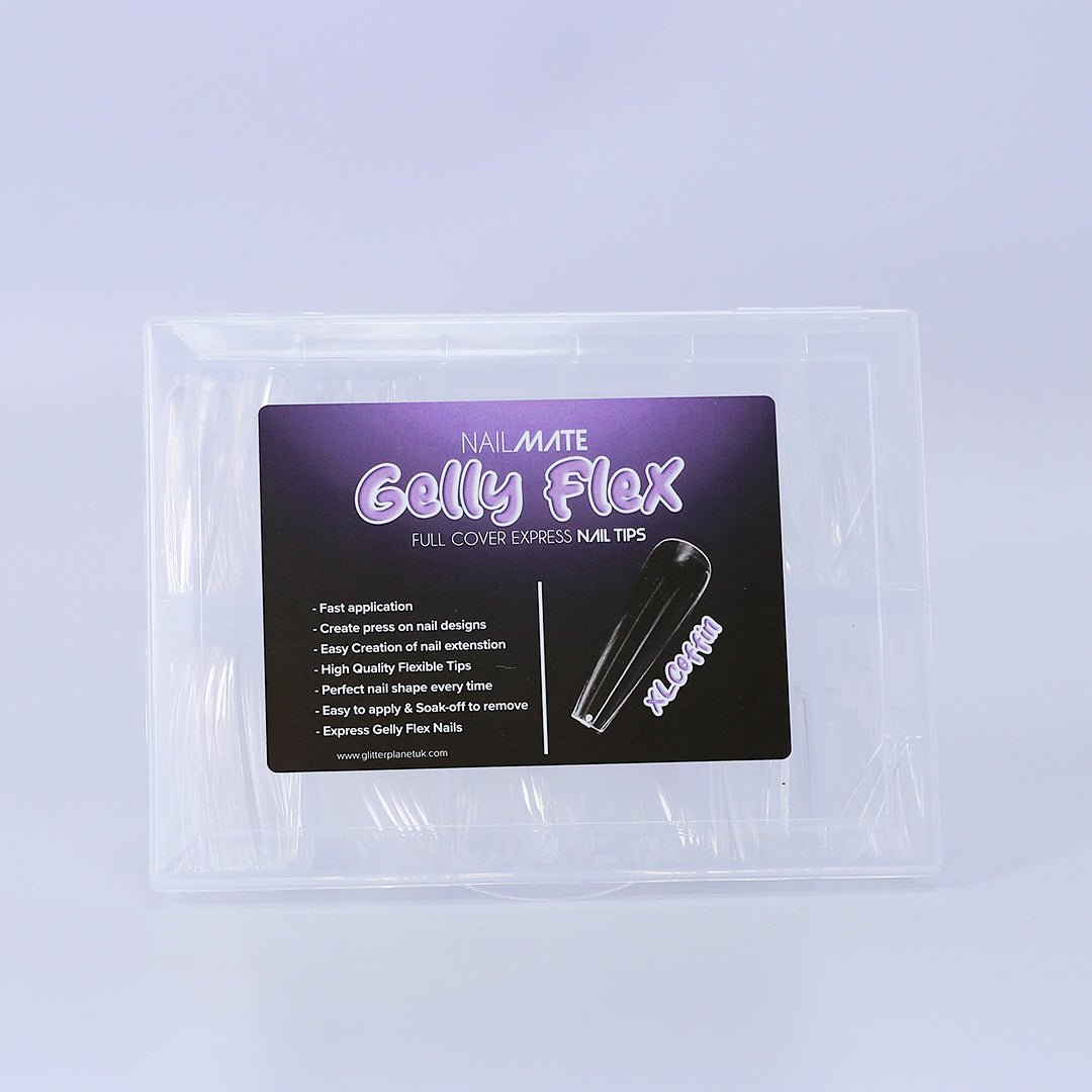 A collection of full cover gel X nail tips in the shape xl coffin ballerina and includes various sizes, showcasing crystal clear colour ready to apply your design. The nail tips are displayed in the handy storage case, and are ideal for professional manicures or at-home nail designs.