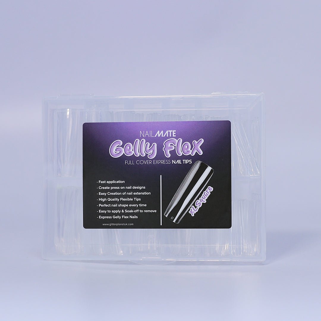 A collection of full cover gel X nail tips in the shape xl square and includes various sizes, showcasing crystal clear colour ready to apply your design. The nail tips are displayed in the handy storage case, and are ideal for professional manicures or at-home nail designs.