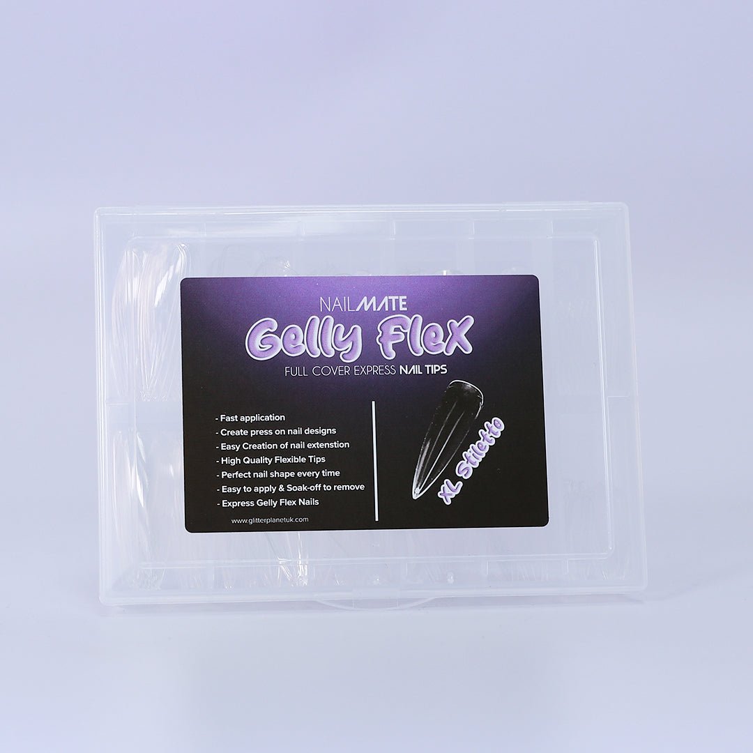 A collection of full cover gel X nail tips in the shape xl long stiletto and includes various sizes, showcasing crystal clear colour ready to apply your design. The nail tips are displayed in the handy storage case, and are ideal for professional manicures or at-home nail designs.