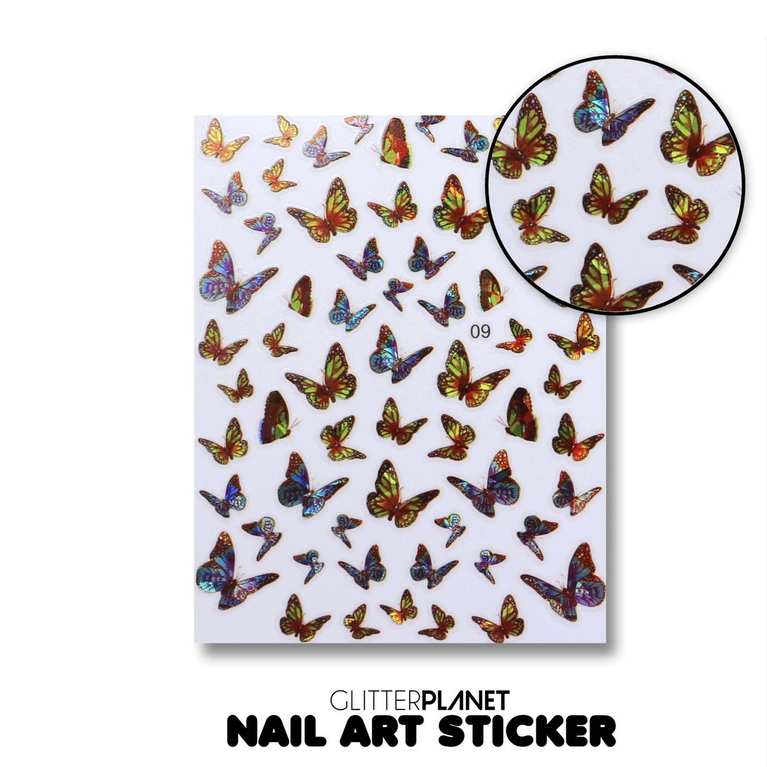 09 Holographic Blue/Orange Butterfly Nail Art Stickers