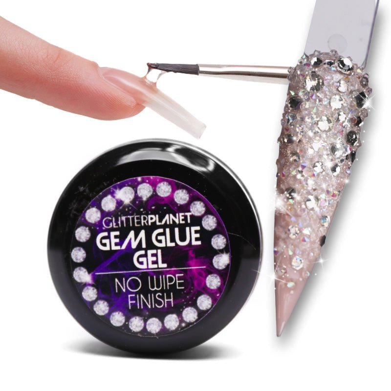 A 8ml bottle of Gem Glue Gel by Glitterplanet, designed for applying crystals and nail art to nails, shown with a close-up of a nail art application.