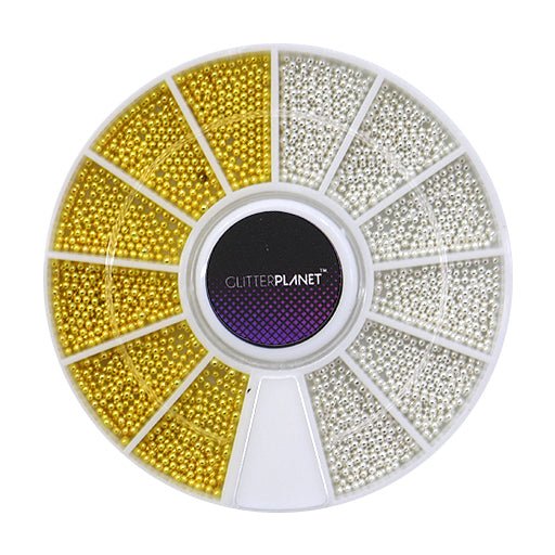 A wheel-shaped container with compartments filled with gold and silver micro beads for nail art.