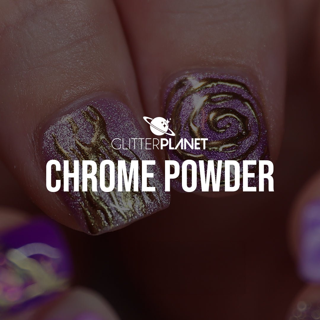 gold chrome nail art on purple nails