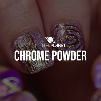 gold chrome nail art on purple nails