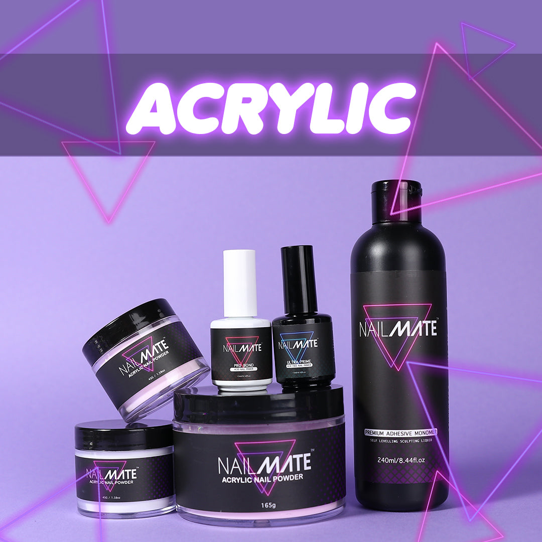 acrylic nail powders, primers and monomer all lined up on a lilac background