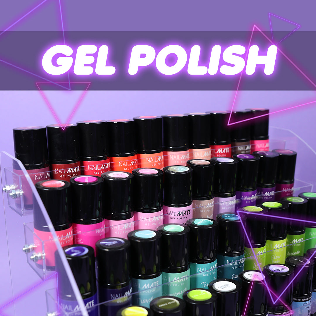 gel polish bottles on a display rack with the text gel polish