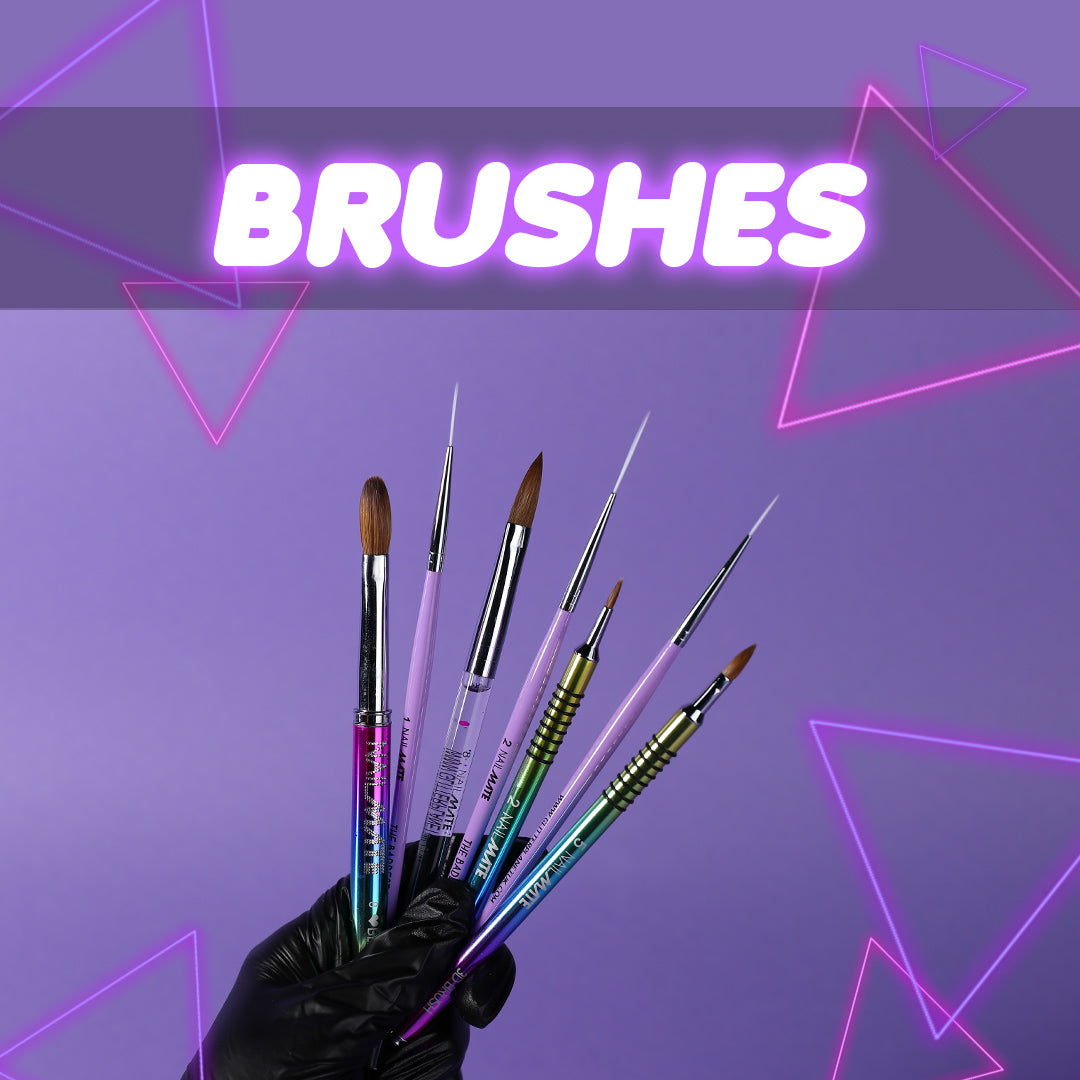 a hand with black salon glove holding 7 nail art brushes on a lilac background