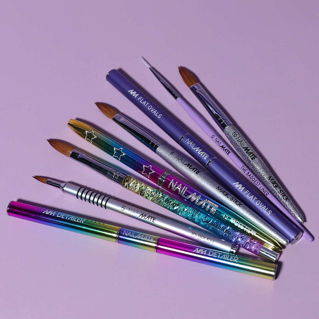 a hand with black salon glove holding 7 nail art brushes on a lilac background