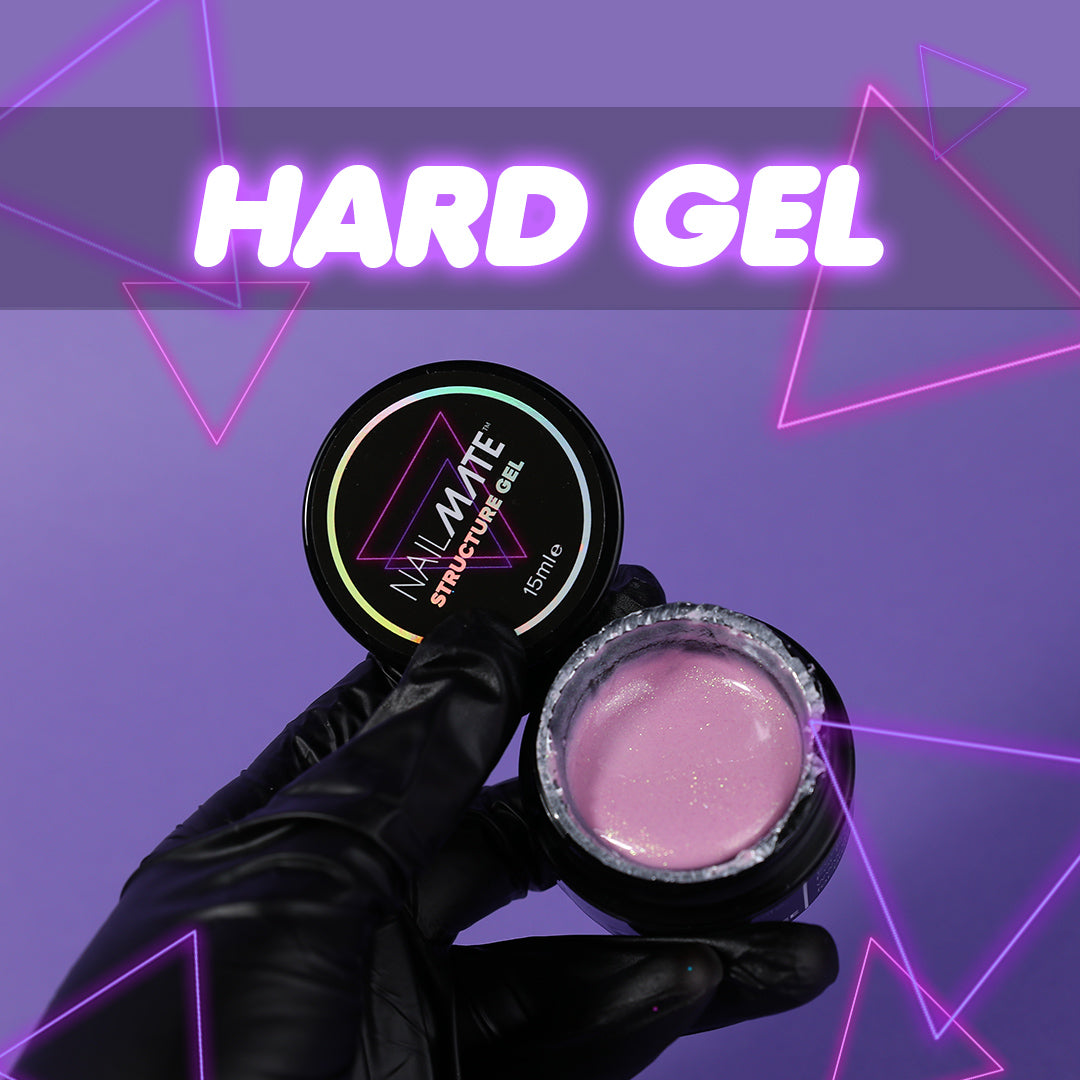 hard Gel Nail products in a jar being held open so you can see in the jar on a lilac background the text says hard gel