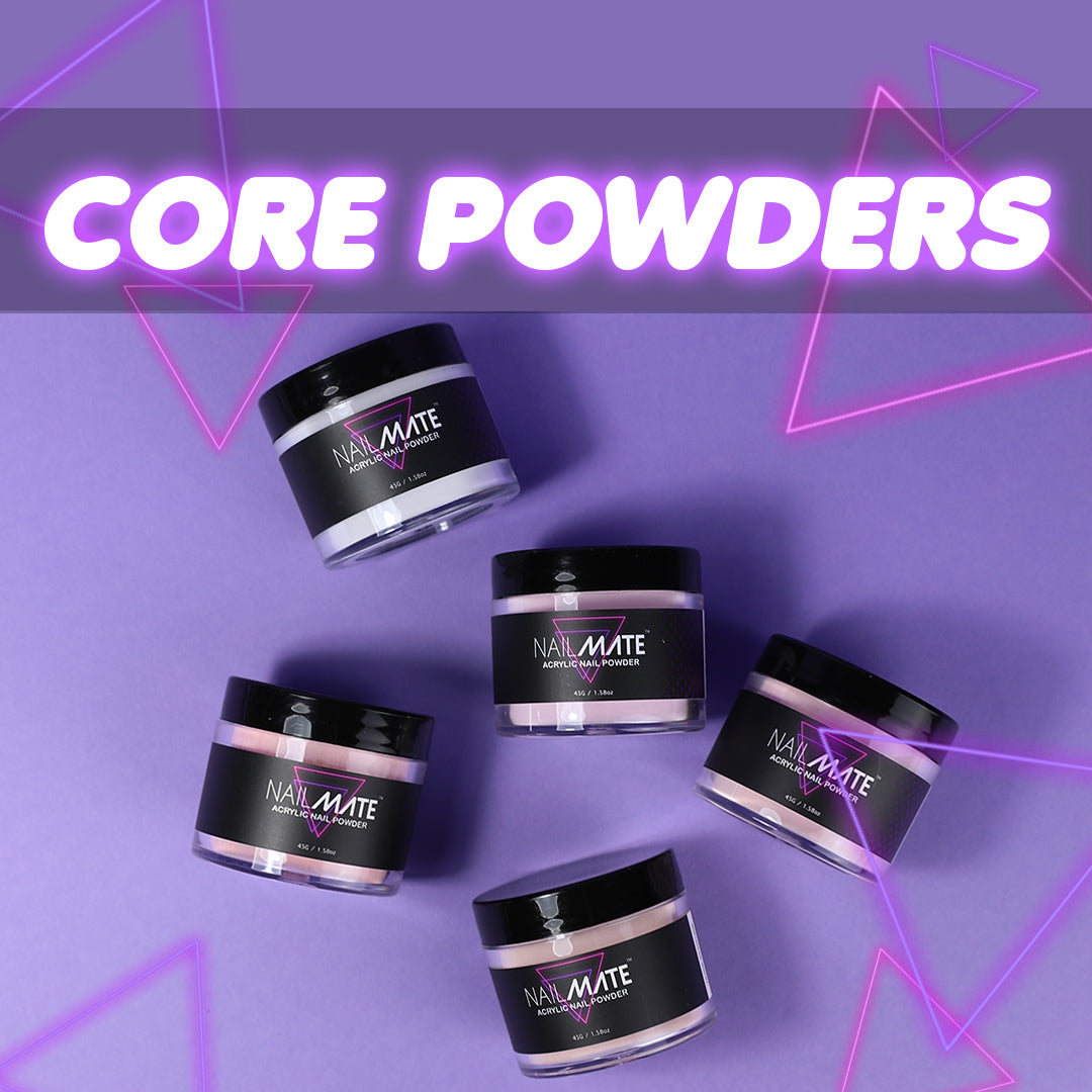 4 jars of acrylic nail powder arranged on a lilac background text says core powders