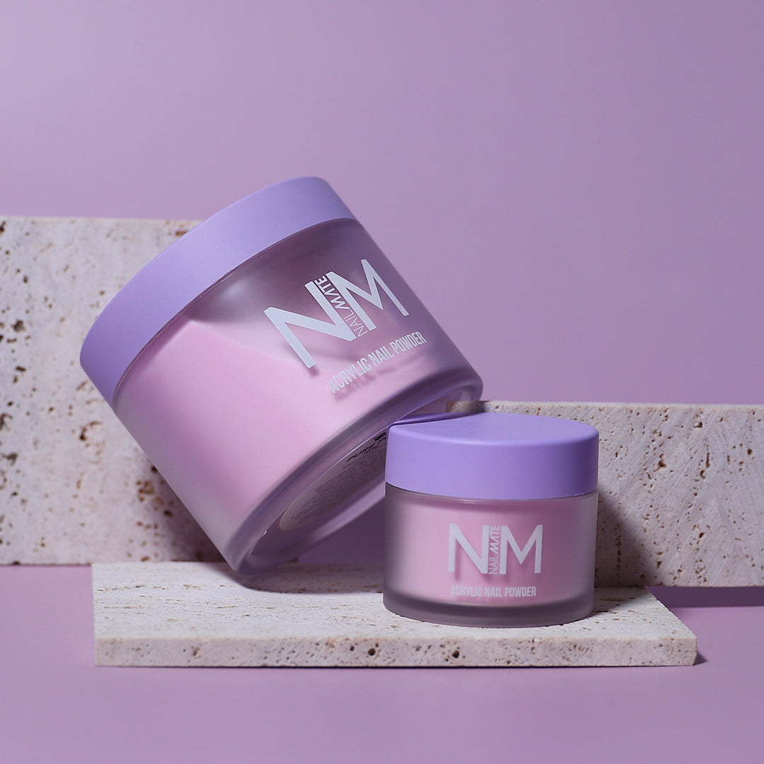 4 jars of acrylic nail powder arranged on a lilac background text says core powders