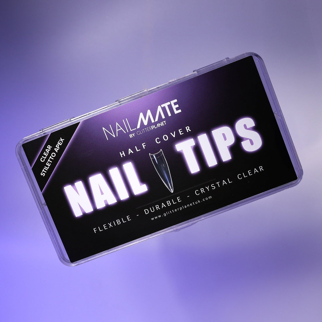 Box of clear stiletto half cover nail tips with the NAIL MATE branding