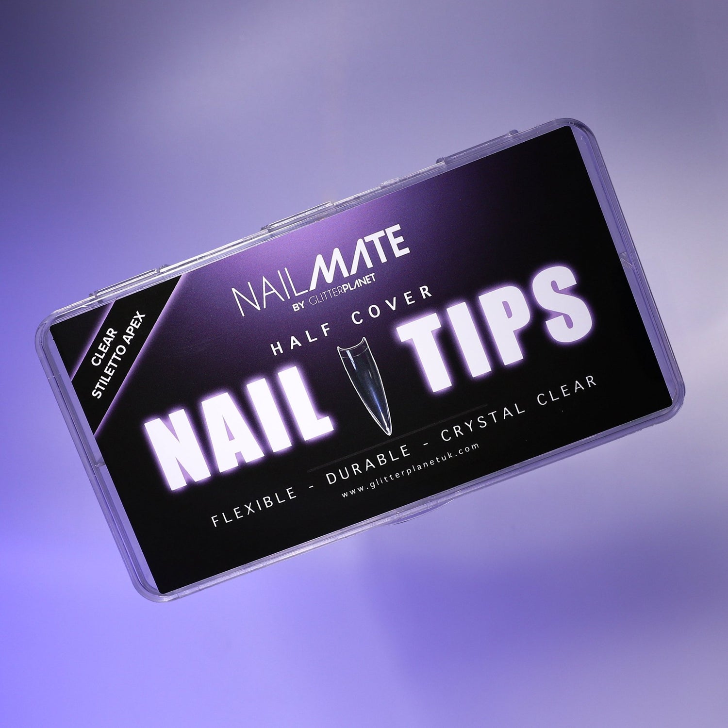 Box of clear stiletto half cover nail tips with the NAIL MATE branding