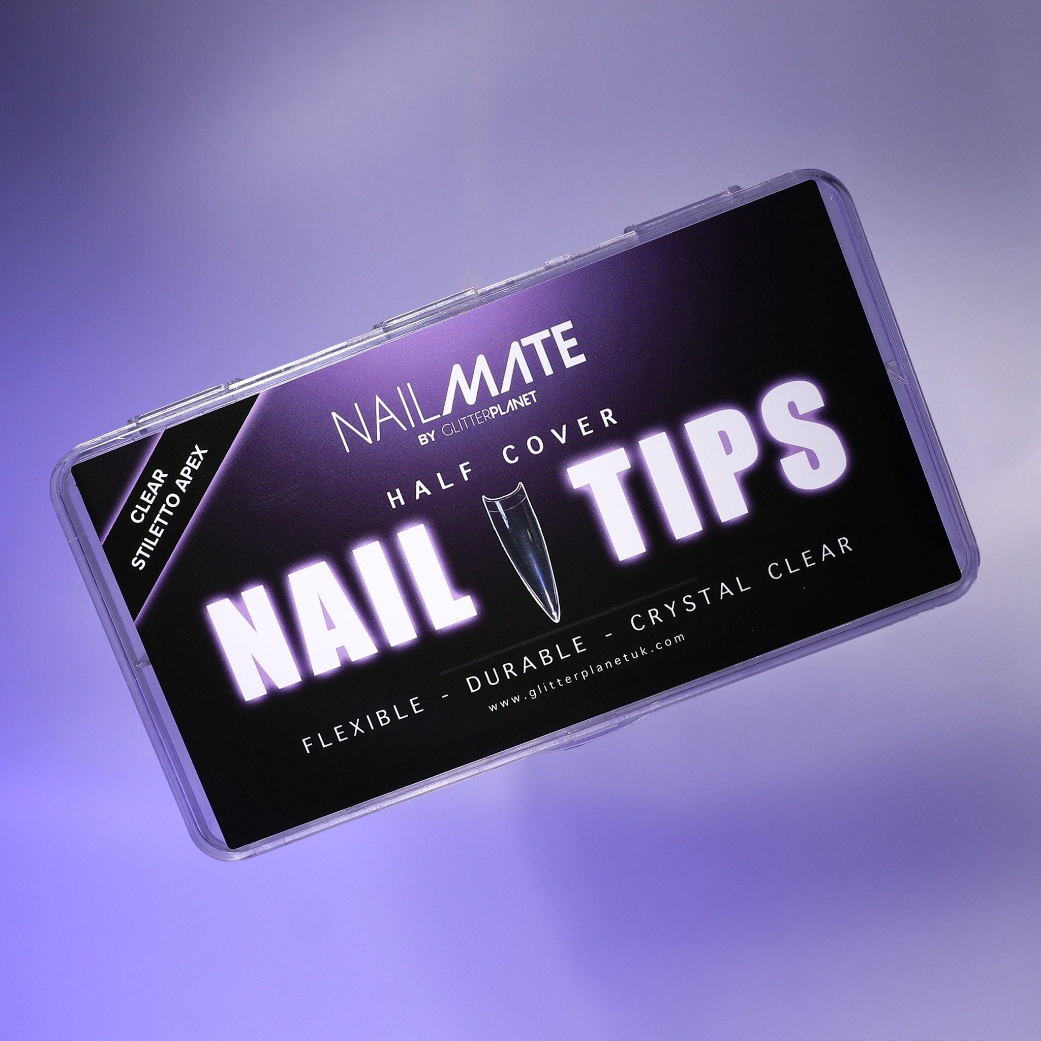 Box of clear stiletto half cover nail tips with the NAIL MATE branding