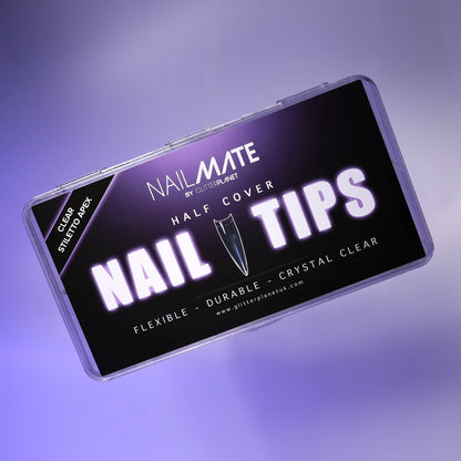 Box of clear stiletto half cover nail tips with the NAIL MATE branding