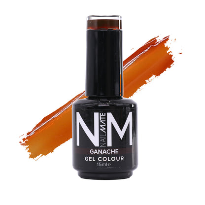 A bottle of NM Nail Mate Ganache Gel Colour in a dark brown shade, shown with a diagonal orange-brown gel swatch behind it on a white background.