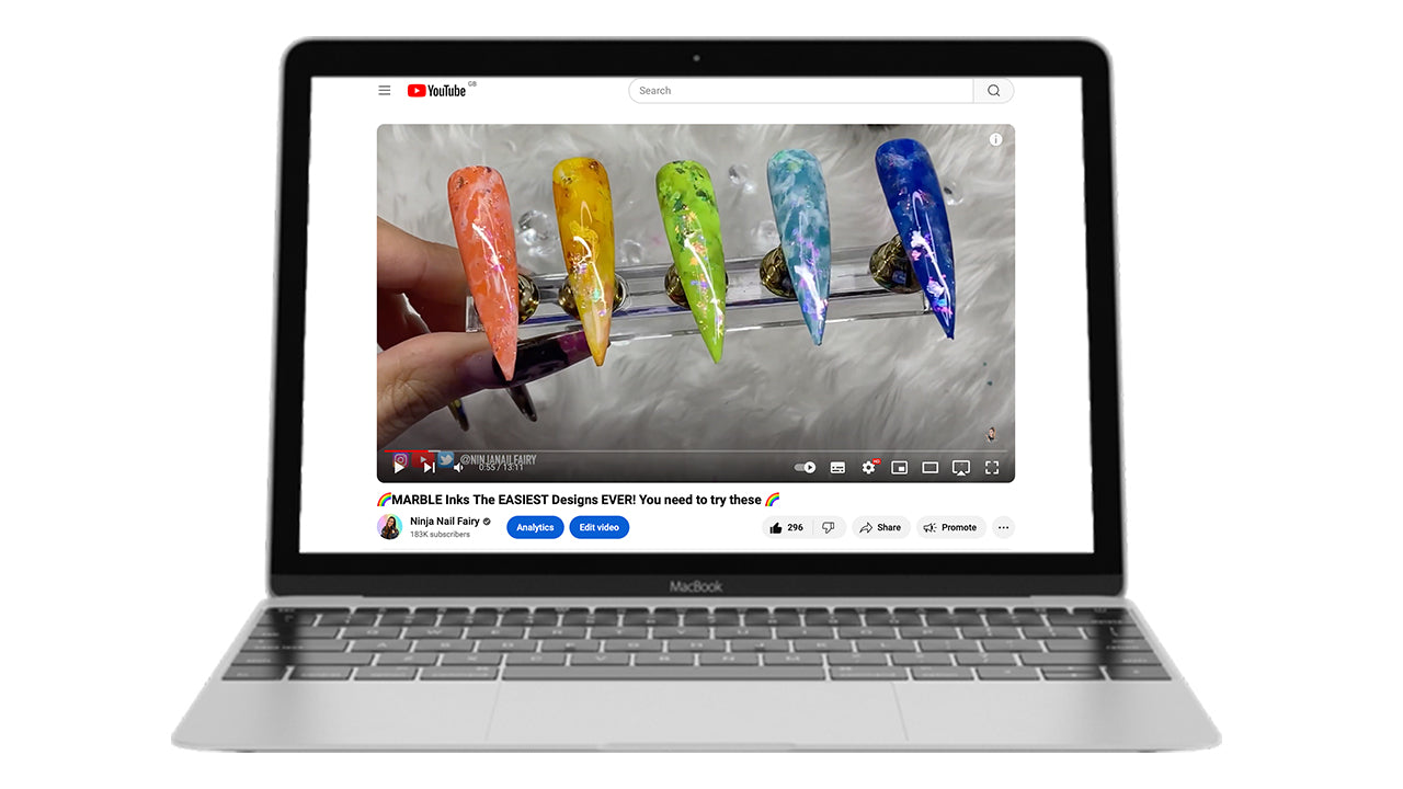Load video: a video demonstration from Lorna also known as ninja nail fairy online on how to use some of the nail art inks with gel polish and nail art flakes
